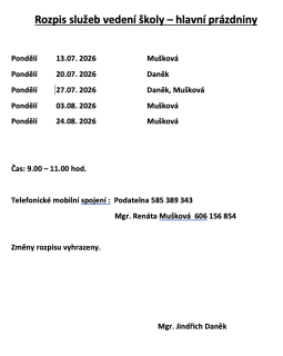 Rozpis služeb vedení školy – hlavní prázdniny